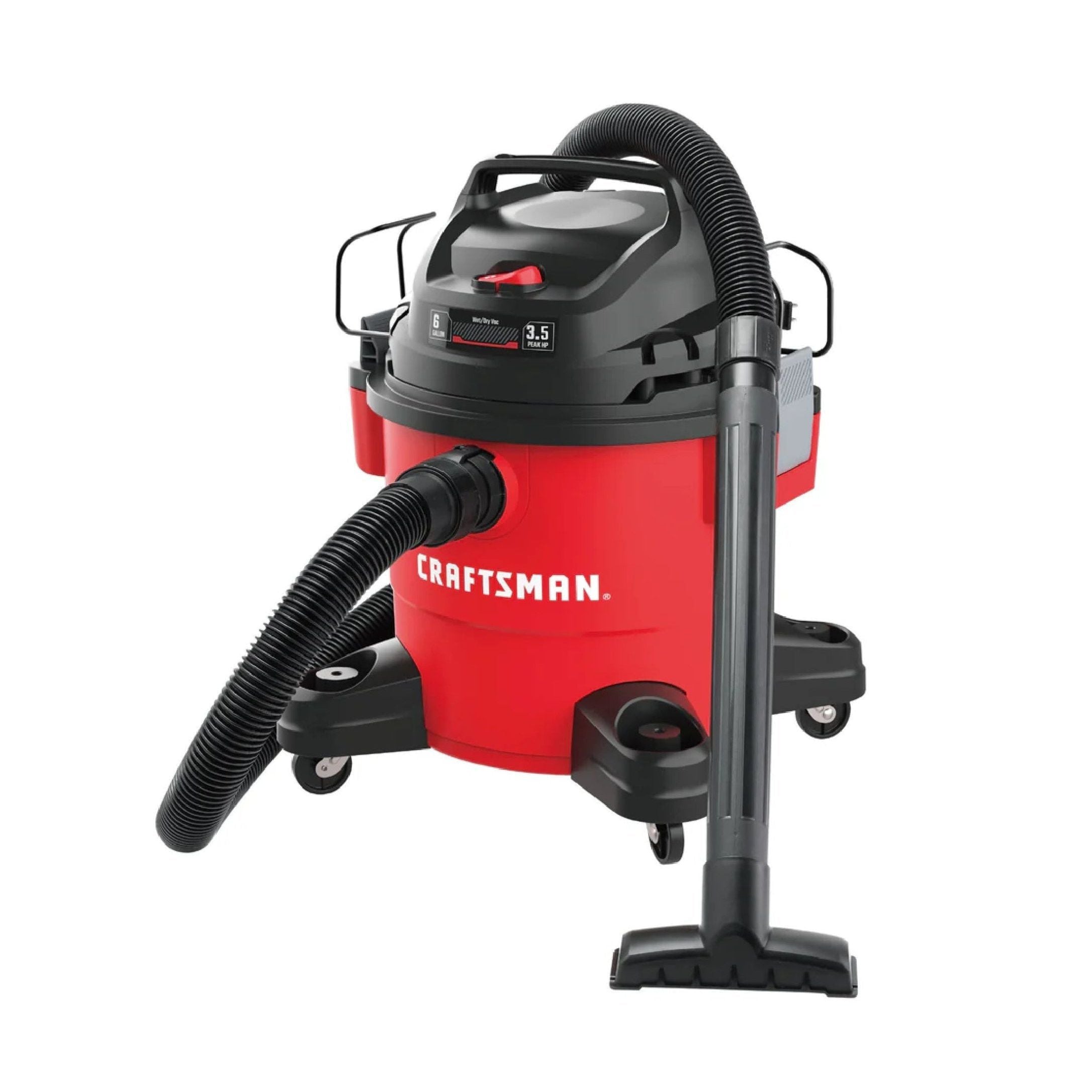 A 6-gallon, red Craftsman wet/dry shop vacuum with a black top and hose, featuring nine value-added accessories including a detail kit. It moves effortlessly on wheels and comes with a flat nozzle attachment. The iconic trademark is prominently displayed on the side.